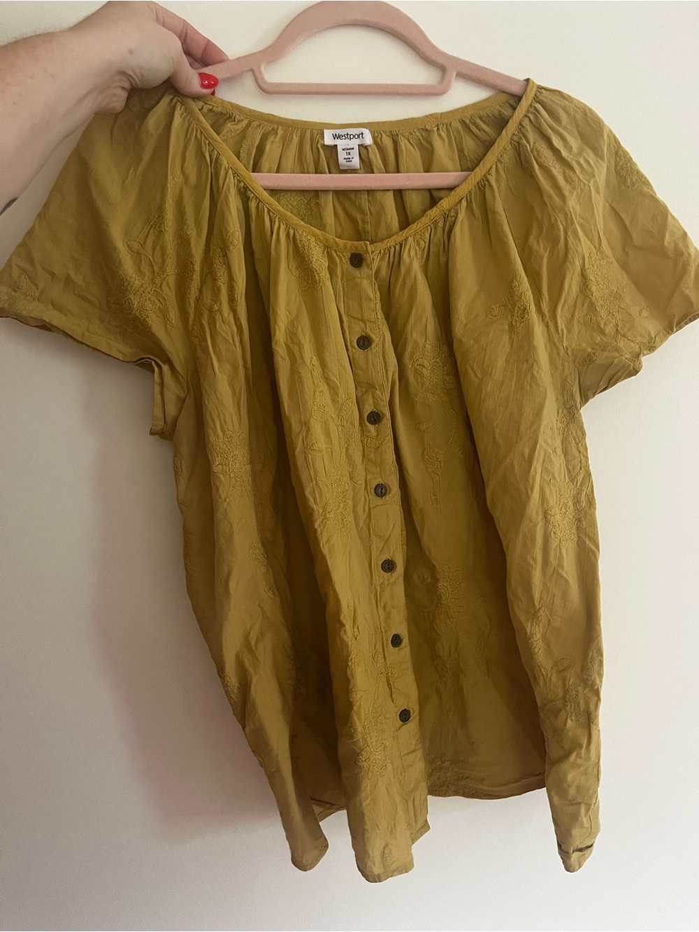 Westport Women's Mustard Button-Front Short Sleeve Embroidered Top